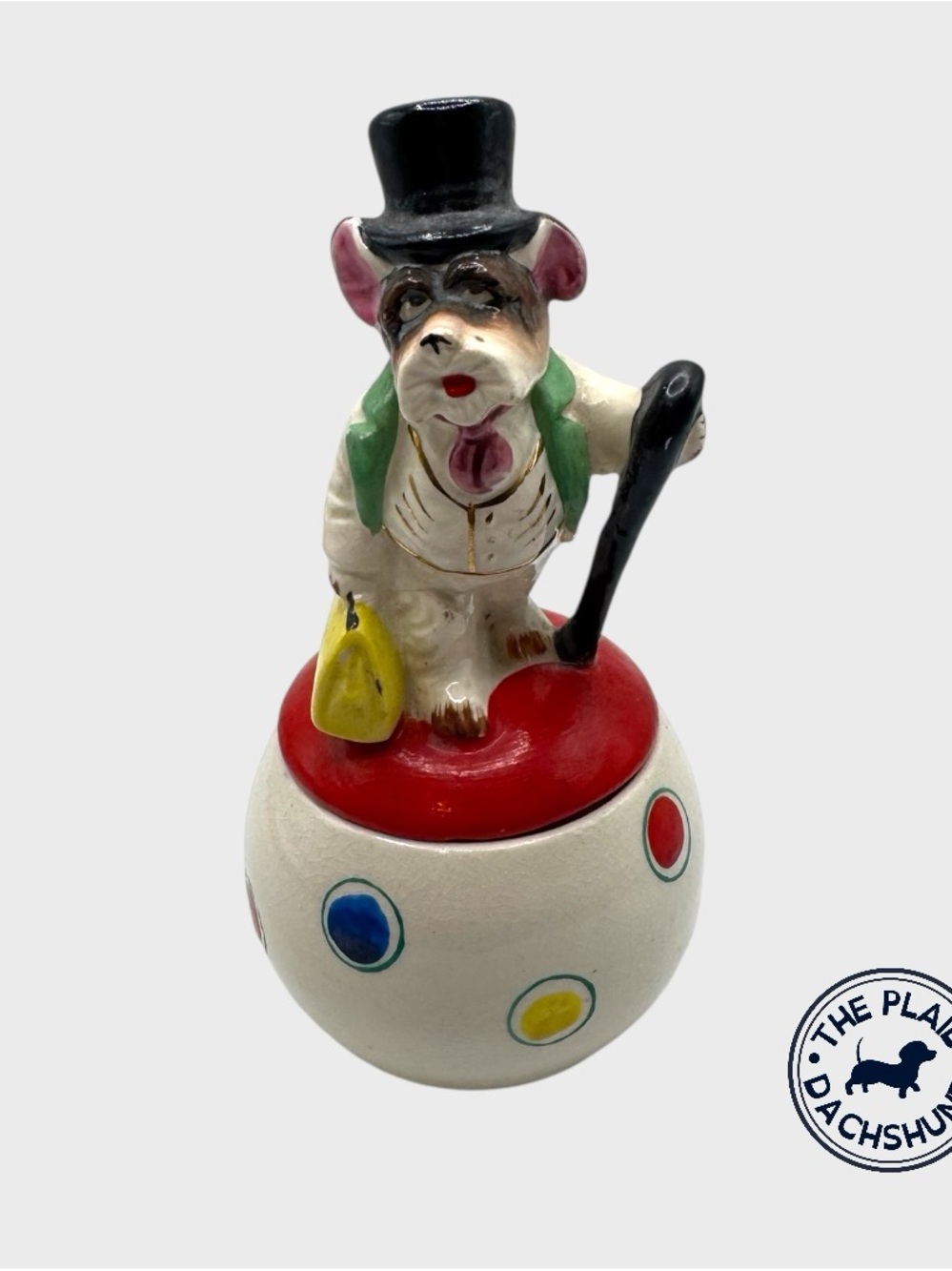 Vintage Multicolor Ceramic Dog with Top Hat on Circus Ball Shakers